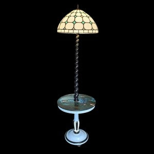 Vintage Stehlampe mit Beistelltisch & Tiffany-Glasschirm – Fantasy Tischlampe – Bluebell