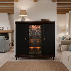 Vintage Vitrinenschrank mit Beleuchtung – dunkler Wohnzimmerschrank floral – Ophelia