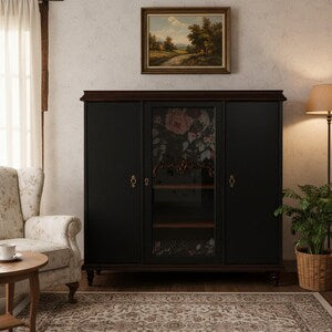 Vintage Vitrinenschrank mit Beleuchtung – dunkler Wohnzimmerschrank floral – Ophelia