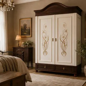 Jugendstil Vintage Kleiderschrank – zerlegbarer Steckschrank in Creme & Schokobraun – Aurora