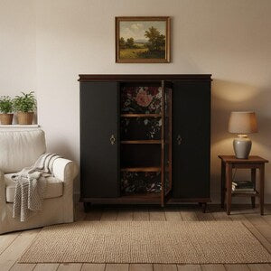 Vintage Vitrinenschrank mit Beleuchtung – dunkler Wohnzimmerschrank floral – Ophelia