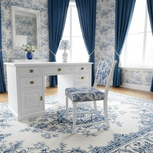 Vintage Stuhl Weiß Blau mit Toile-de-Jouy – französischer Landhausstuhl – Bleu Élise