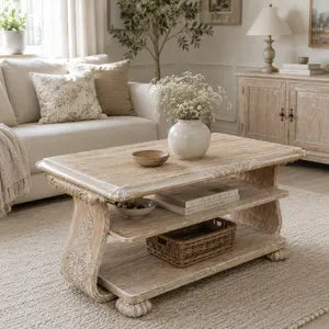Massivholz Couchtisch im Landhausstil – Vintage Wohnzimmertisch mit Ablage & Schnitzereien – Livia