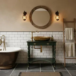 Vintage Waschtisch mit Waschbecken – Grün & Gold – aufgearbeitete Badkonsole – Arabella
