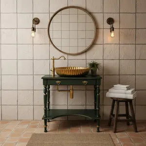 Vintage Waschtisch mit Waschbecken – Grün & Gold – aufgearbeitete Badkonsole – Arabella