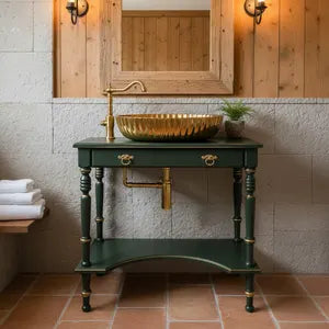 Vintage Waschtisch mit Waschbecken – Grün & Gold – aufgearbeitete Badkonsole – Arabella