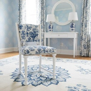 Vintage Stuhl Weiß Blau mit Toile-de-Jouy – französischer Landhausstuhl – Bleu Élise