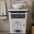 Maritimer Vintage Waschtisch mit Waschbecken – Badmöbel mit Segelboot-Motiv – Skipper
