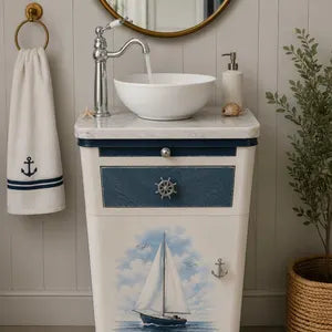 Maritimer Vintage Waschtisch mit Waschbecken – Badmöbel mit Segelboot-Motiv – Skipper