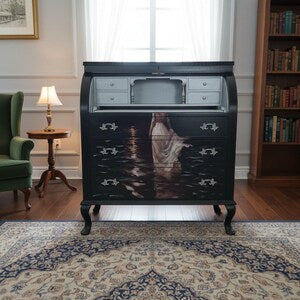 Vintage Rollklappensekretär mit Mondmotiv – kleiner Schreibsekretär & Schreibschrank – Luna
