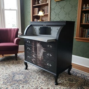 Vintage Rollklappensekretär mit Mondmotiv – kleiner Schreibsekretär & Schreibschrank – Luna