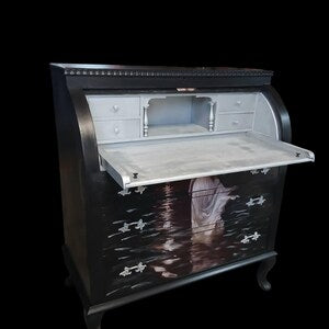 Vintage Rollklappensekretär mit Mondmotiv – kleiner Schreibsekretär & Schreibschrank – Luna
