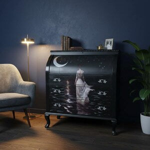 Vintage Rollklappensekretär mit Mondmotiv – kleiner Schreibsekretär & Schreibschrank – Luna