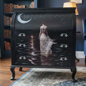 Vintage Rollklappensekretär mit Mondmotiv – kleiner Schreibsekretär & Schreibschrank – Luna