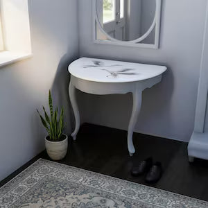 Halbrunder Vintage Wandtisch aus Vollholz – platzsparender Konsolentisch mit Kranichmotiv