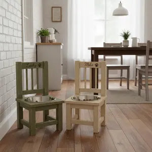 Personalisierte Hundenapfstation aus Holz – erhöhter Futternapf mit Hundename – Vintage Kinderstuhl