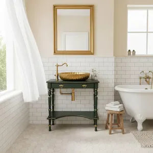 Vintage Waschtisch mit Waschbecken – Grün & Gold – aufgearbeitete Badkonsole – Arabella