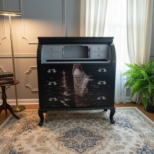 Vintage Rollklappensekretär mit Mondmotiv – kleiner Schreibsekretär & Schreibschrank – Luna