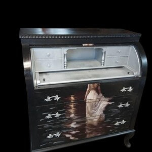 Vintage Rollklappensekretär mit Mondmotiv – kleiner Schreibsekretär & Schreibschrank – Luna