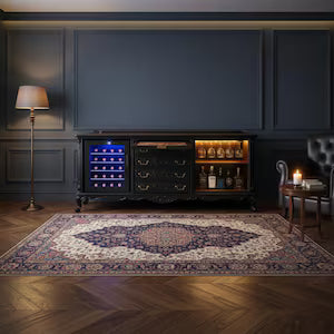 Homebar mit Weinkühlschrank – große Vintage Hausbar mit Beleuchtung & Marmorplatte – Der Alte Baron