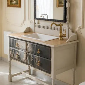 Vintage Waschtisch mit Spiegel & Waschbecken – aufgearbeitetes Badezimmermöbel – Luisa