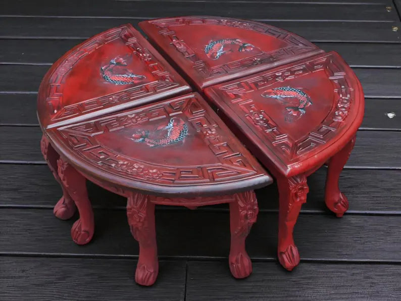 Vintage Hocker-Set aus Holz mit Koi-Motiv – 4 Sitz- & Blumenhocker | Henri