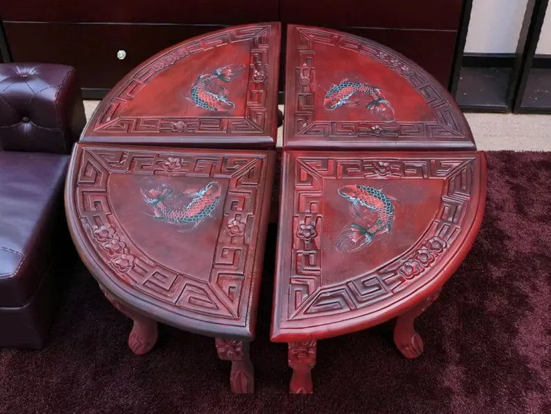 Vintage Hocker-Set aus Holz mit Koi-Motiv – 4 Sitz- & Blumenhocker | Henri