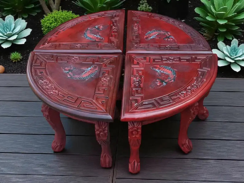 Vintage Hocker-Set aus Holz mit Koi-Motiv – 4 Sitz- & Blumenhocker | Henri