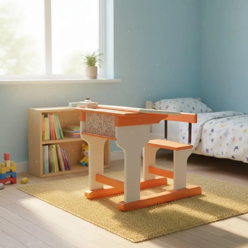 Vintage Kinderschulbank aus Holz mit Fuchs-Motiv – Kinderschreibtisch | Felia