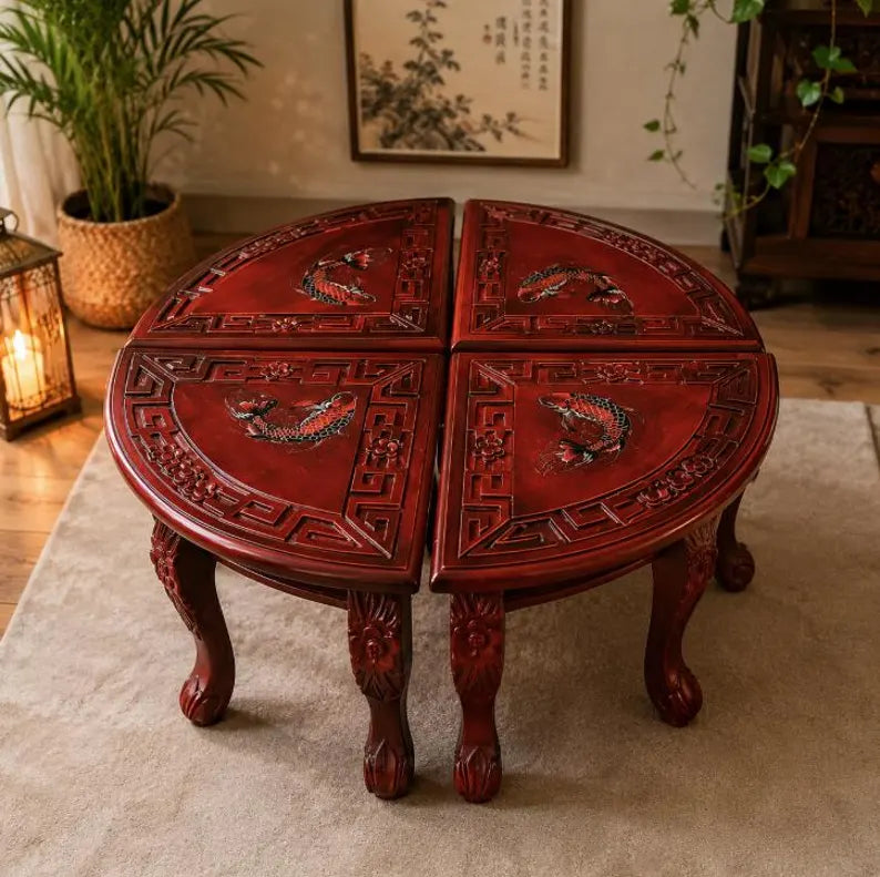 Vintage Hocker-Set aus Holz mit Koi-Motiv – 4 Sitz- & Blumenhocker | Henri