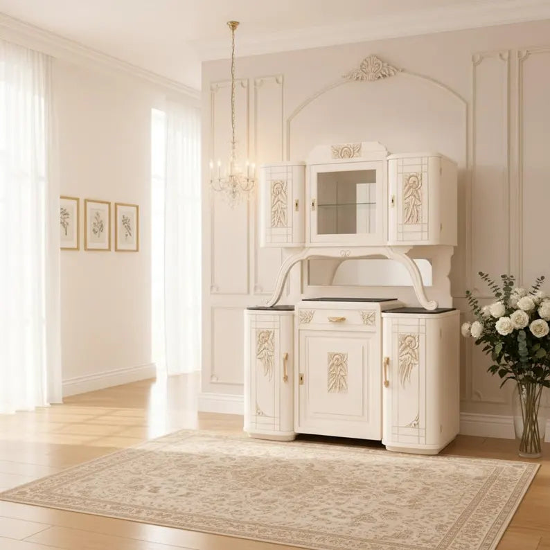 Art-Déco Vitrine mit Beleuchtung | Buffet mit Marmorplatten | Weiß & Champagnergold | Gloria
