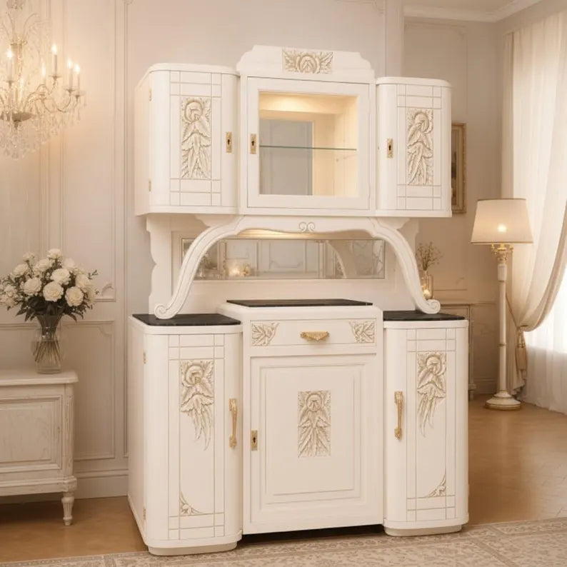 Art-Déco Vitrine mit Beleuchtung | Buffet mit Marmorplatten | Weiß & Champagnergold | Gloria