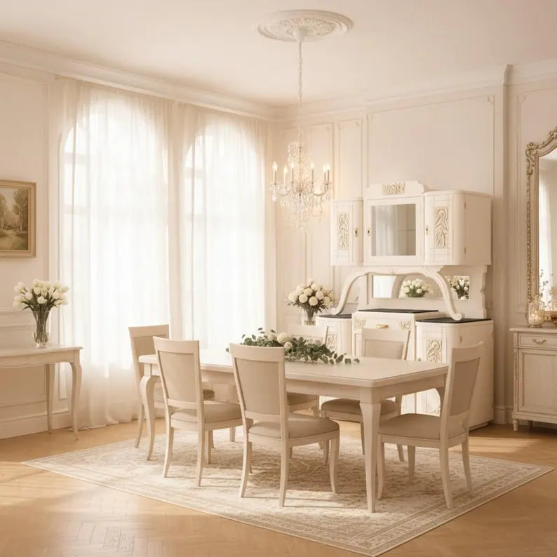 Art-Déco Vitrine mit Beleuchtung | Buffet mit Marmorplatten | Weiß & Champagnergold | Gloria