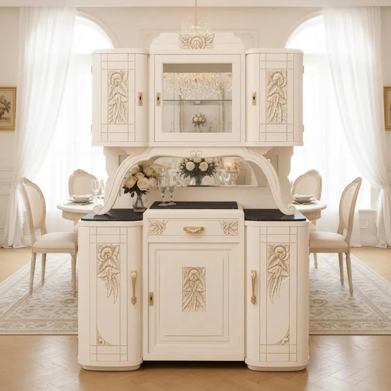 Art-Déco Vitrine mit Beleuchtung | Buffet mit Marmorplatten | Weiß & Champagnergold | Gloria
