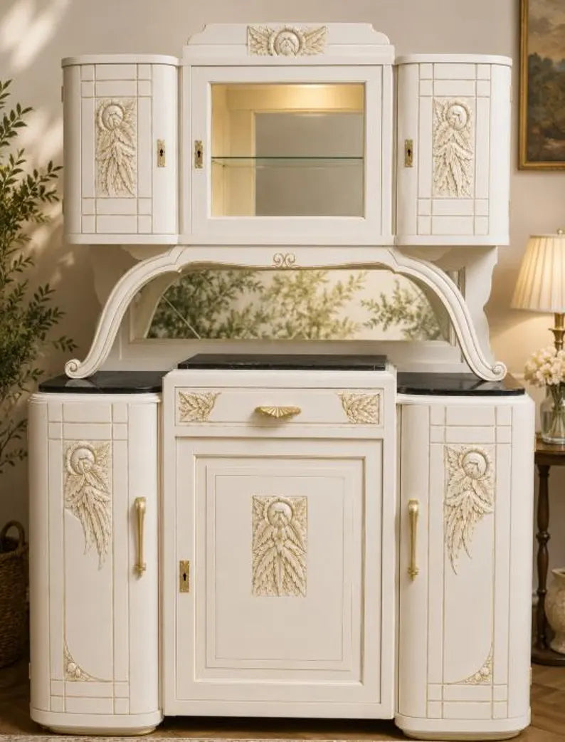 Art-déco Vitrine mit Beleuchtung | Buffet mit Marmorplatten | Weiß & Champagnergold | Gloria