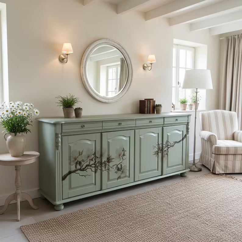 Vintage Sideboard aus Massivholz | Landhausstil | Salbeigrün mit Magnolienmotiv | Mirelle