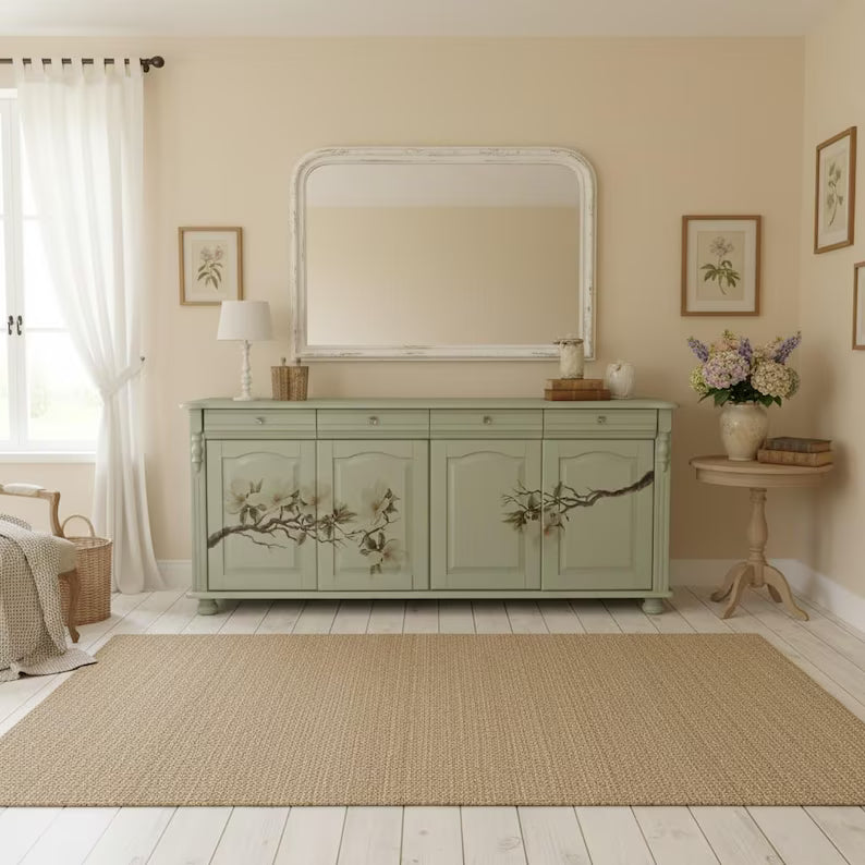 Vintage Sideboard aus Massivholz | Landhausstil | Salbeigrün mit Magnolienmotiv | Mirelle