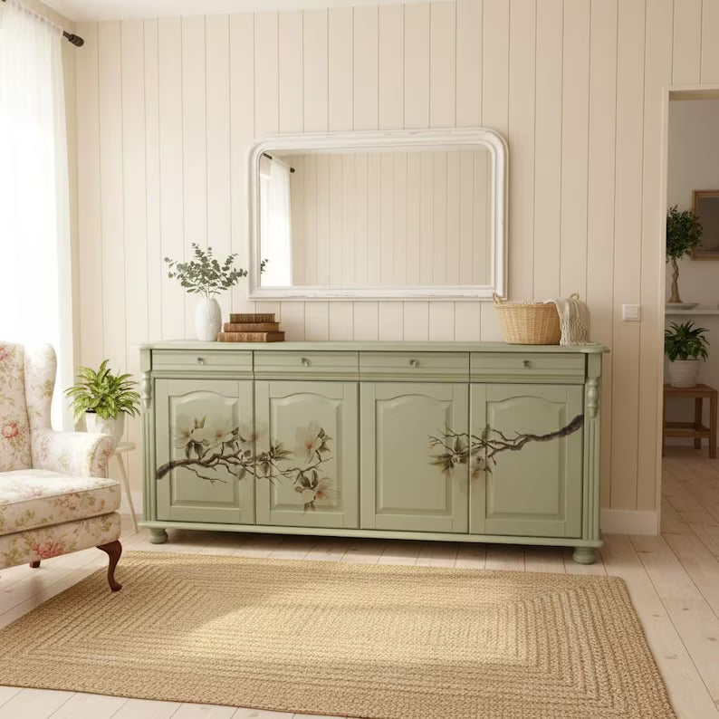 Vintage Sideboard aus Massivholz | Landhausstil | Salbeigrün mit Magnolienmotiv | Mirelle