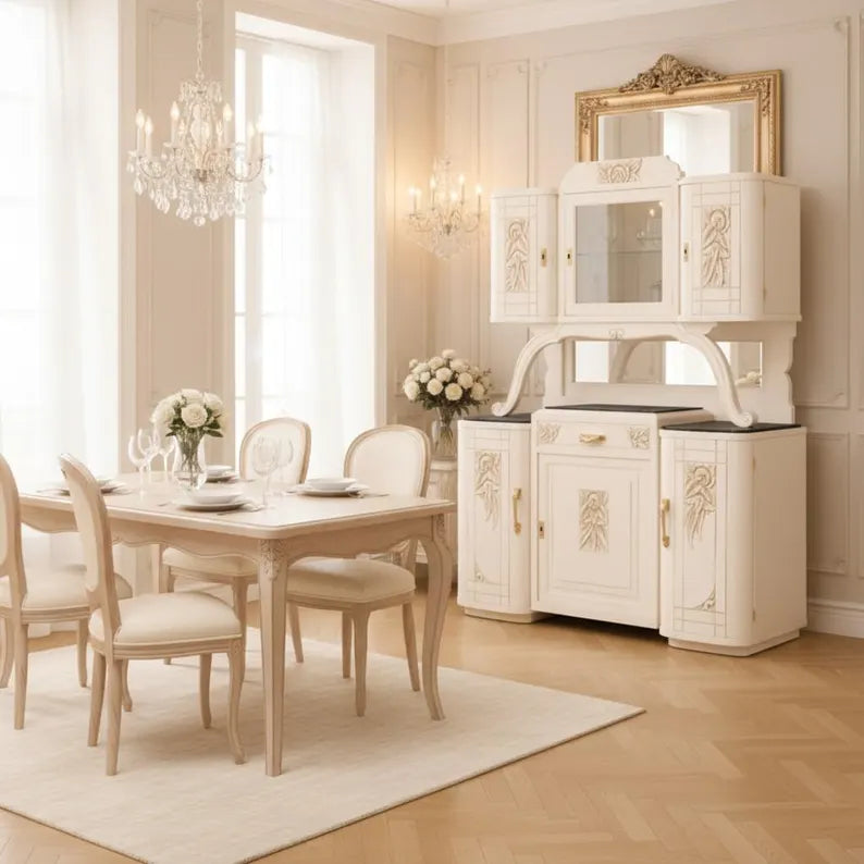 Art-déco Vitrine mit Beleuchtung | Buffet mit Marmorplatten | Weiß & Champagnergold | Gloria