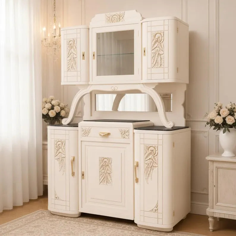 Art-Déco Vitrine mit Beleuchtung | Buffet mit Marmorplatten | Weiß & Champagnergold | Gloria