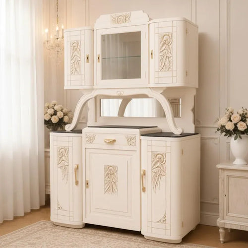 Art-déco Vitrine mit Beleuchtung | Buffet mit Marmorplatten | Weiß & Champagnergold | Gloria