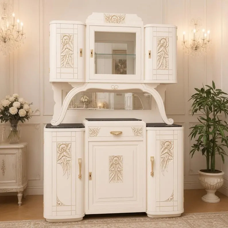 Art-Déco Vitrine mit Beleuchtung | Buffet mit Marmorplatten | Weiß & Champagnergold | Gloria