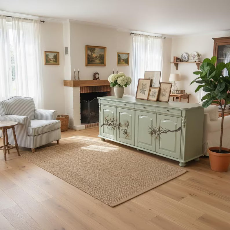 Vintage Sideboard aus Massivholz | Landhausstil | Salbeigrün mit Magnolienmotiv | Mirelle