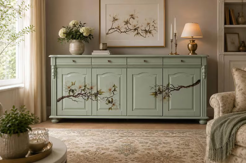 Vintage Sideboard aus Massivholz | Landhausstil | Salbeigrün mit Magnolienmotiv | Mirelle