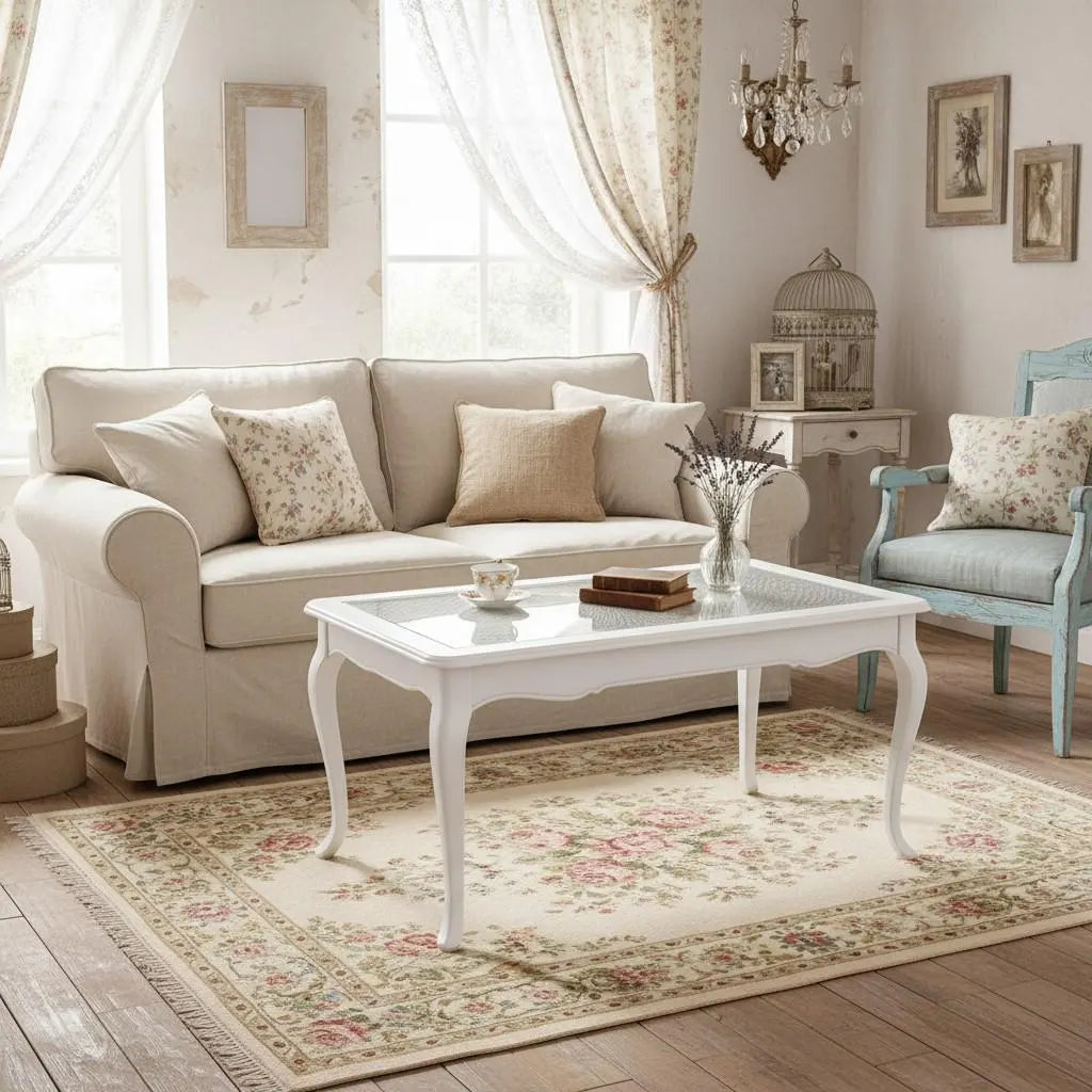 Vintage Couchtisch mit Glasplatte – weißer französischer Tisch AMÉLIE