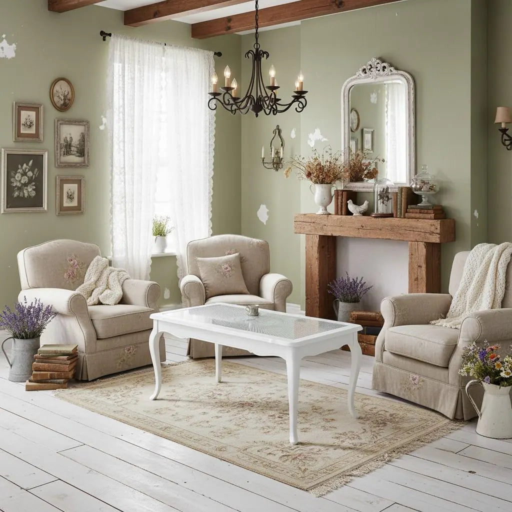 Vintage Couchtisch mit Glasplatte – weißer französischer Tisch AMÉLIE