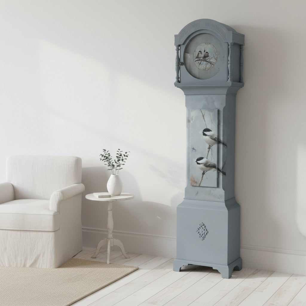 Vintage Standuhr „Elowen“ mit Vogelmotiv – aufgearbeitetes Möbel-Unikat