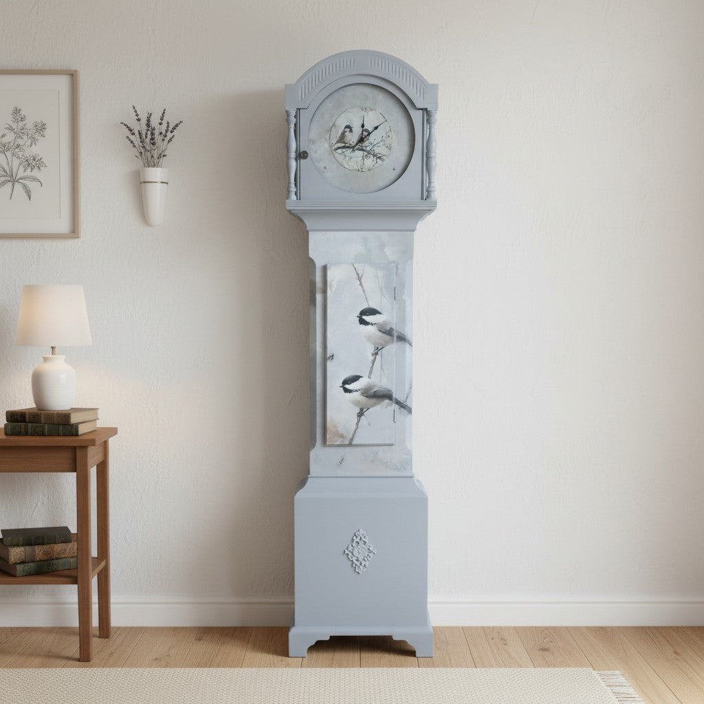 Vintage Standuhr „Elowen“ mit Vogelmotiv – aufgearbeitetes Möbel-Unikat