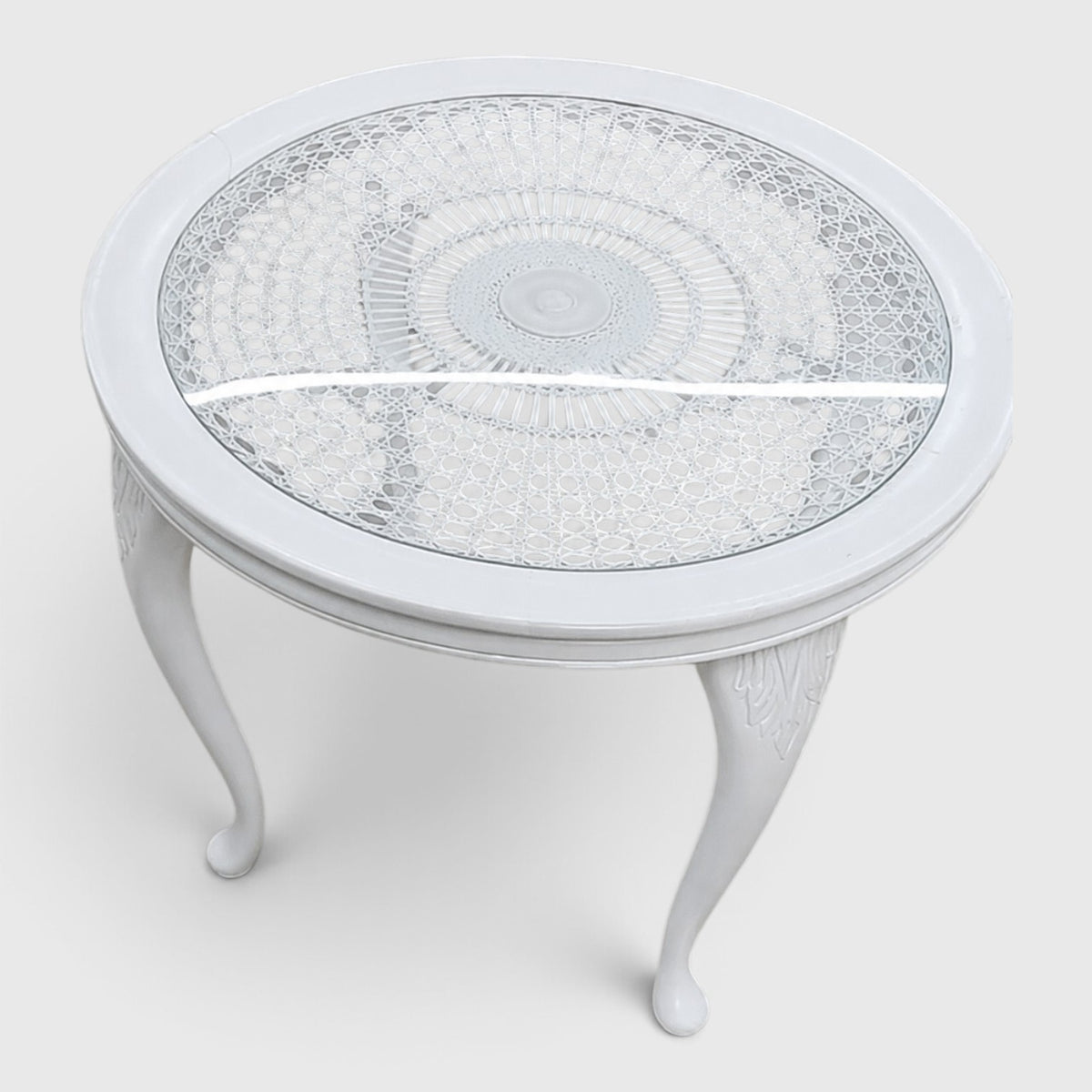 Runder Vintage Beistelltisch mit Glasplatte – Weiß – Claire