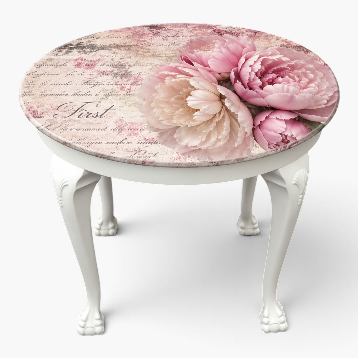Runder Vintage Tisch mit Pfingstrosen – romantischer Esstisch „Fleur“